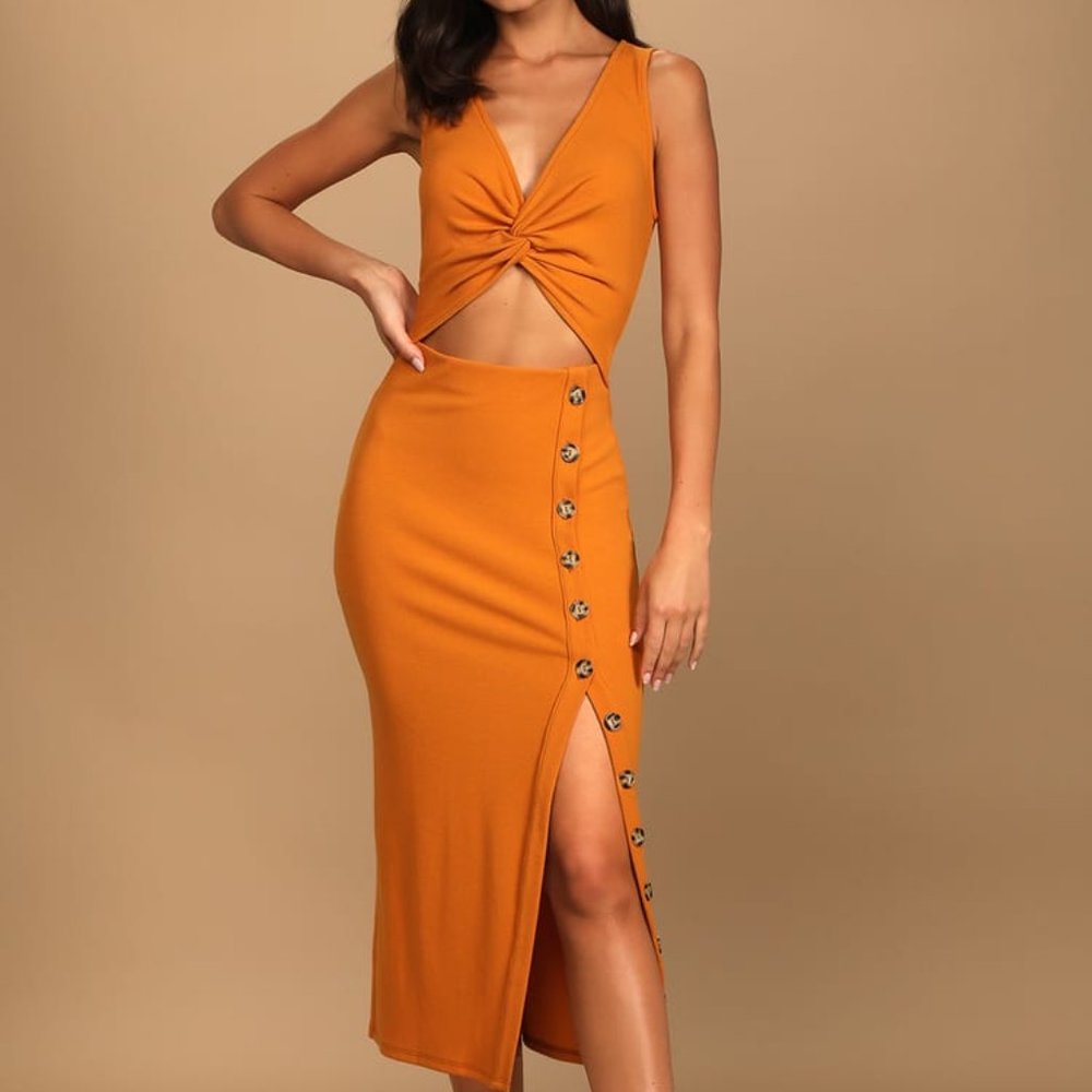 Trend Seeker Orange Ribbed Twist-Front Cutout Midi
